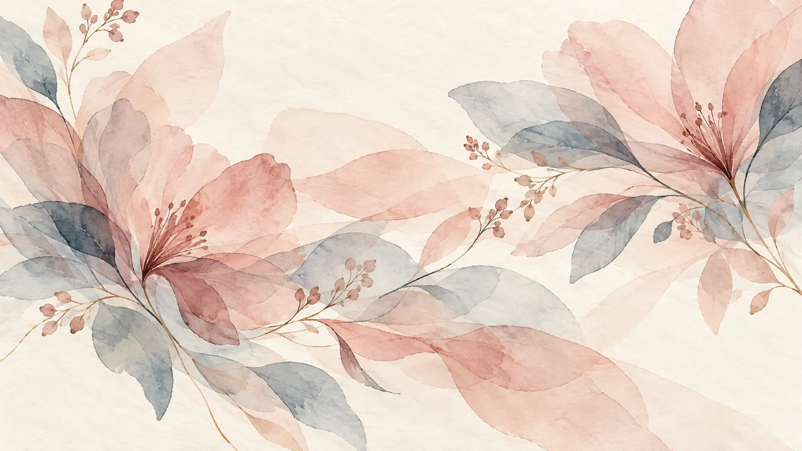 Layered rose and slate petal shapes drifting across a warm off-white background